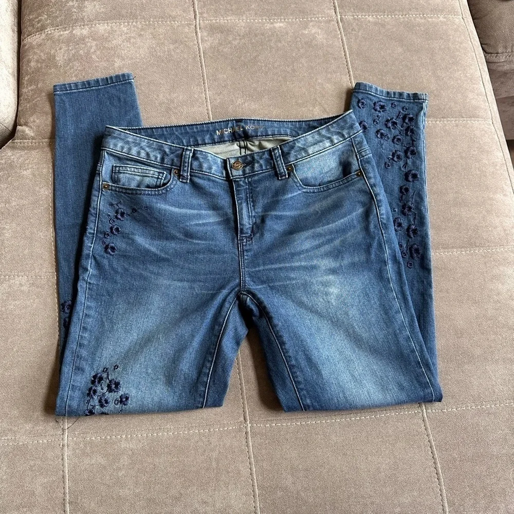 Michael Kors Blue Skinny Jeans with Floral Embroidery